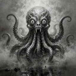 ultra realist wide shot soft painting of a single entity so scary one glance is enough to drive a man insane, tentacles, eyes, very intricate details, ultra dense fog, golden ratio, volumetric black and white lighting, reflections, refractions, symmetry accurate anatomy features, unreal render