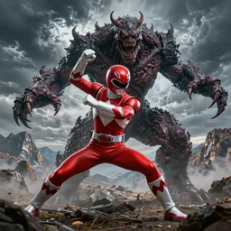 digital art of a red Power Ranger fighting a horrific monster, horror art, detailed textures and lighting, storm in the background, mountains, action pose, high detail character models, detailed mountains, epic fight, movie quality battle, full view,
