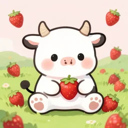 a strawberry themed cute cow sitting in a field of strawberries.
