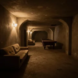 photograph of a new finished dimly lit basement of a middle class home with a couch and a pool table in the corner at night, empty, light from upstairs, warmly lit, massive long twisting hallways, strange architecture, dark, clean, haunting, creepy, void, liminal, backrooms