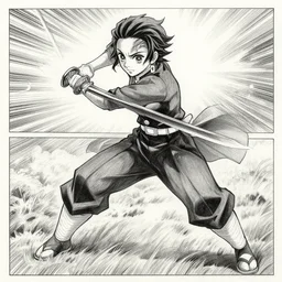 a very detailed pencil drawing of emma watson in demon slayer manga panel, action lines, in field, back light, sword slash, high resolution, dynamic pose, landscape, full body, action, sword, hyper realistic, manga, koyoharu gotouge, sakuga
