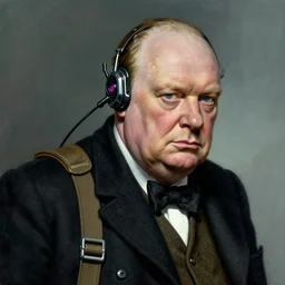 Winston Churchill as a cyberpunk mercenary wearing a cyberpunk headset and military gear. In style of moebius.