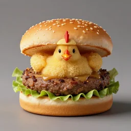 a small chicken inside a hamburger, food photography, studio lighting, highly detailed