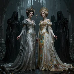 two beautiful gothic heroines, secret brides to the faceless slaves of the nameless night of the castle of dread desire, intricate artwork by josan gonzalez, artgerm, edmund leighton, alphonse mucha, greg rutkowski, very coherent artwork, cinematic, gothic, mysterious, octane render, unreal engine, trending on artstation 8 k
