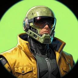 hyper detailed comic illustration of a cyberpunk Master Chief  wearing a futuristic sunglasses and a gorpcore jacket, markings on his face, by Android Jones intricate details, vibrant, solid background, low angle fish eye lens