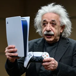 photo of einstein holding a ps 5 controller while shouting