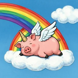 trippy comic art of a unicorn horned pig with white wings sleeping on a rainbow in the sky with white clouds, drawn by Martin Rowson, Tim Burton, Studio Ghibli, Alex Pardee, Nekro Petros Afshar, James McDermott, colors by lisa frank, unstirred paint, vivid color, cgsociety 4K