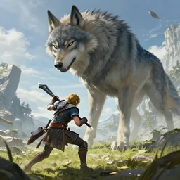 art depicting a player fighting a giant wolf in the ps 4 game dark souls in the style of the nintendo switch game legend of zelda : breath of the wild