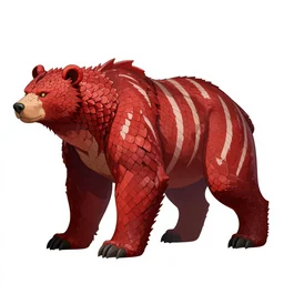 crimson draconic bear, character design sheet, monster hunter illustrations art book, white stripes all over the body, scales, moebius, greg rutkowski, zabrocki, karlkka, jayison devadas, phuoc quan, trending on artstation, 8 k, ultra wide angle, zenith view, pincushion lens effect.