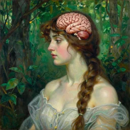 a painting of a woman with a brain in a green forest romantic surrounding, in the style of waterhouse, realistic painting,
