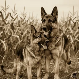 a humanoid german shepherd beast - man hugging his friend in a corn field vintage sepia detailed 8 k