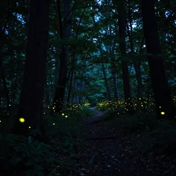 a professional photograph of a beautiful forest at night, there is fireflies. it is really quiet and serene. Ultra HD wallpaper.