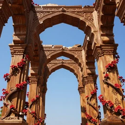 broken arches leading to the pillars of eternity draped with red flowers and vines, blue sky, ultra detailed, intricate, sharp focus, 8K, woodcarving