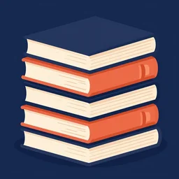 illustration of a stack of books. navy and red-orange hues.