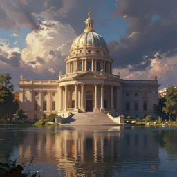neoclassical building with dome in the middle lake.  Fantasy and concept art, colorful digital painting, unreal engine.