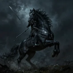 Witch-king of Angmar holding sword on black horse horse rearing up dark moody lighting wallpaper painting