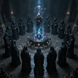 a dark cabal of multiple hooded elven mystics in long dark robes gathered in a circular formation around a highly advanced machine containing spirits of the dead, dan seagrave art, michael whelan