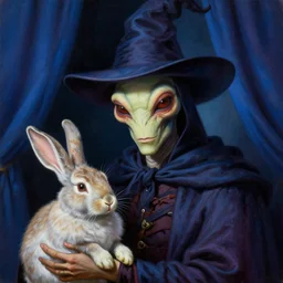 a close - up portrait painting of an alien wizard magician holding a rabbit. blue curtains in a gloomy dark background. highly detailed science - fiction painting by norman rockwell, moebius, frank frazetta, and syd mead. rich colors, high contrast. artstation