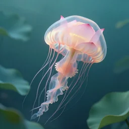 a lotus flower floating underwater like a jellyfish, leaves as tentacles, photographic, photorealistic, volumetric lighting, detailed, smooth, artstation, octane render, wolp and artgerm