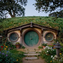 low angle front facing view of hobbiton architecture with garden, highly detailed matte painting, evening, by stanley artgerm lau, greg rutkowski, thomas kinkade, alphonse mucha, loish, norman rockwell, artstation