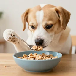 a dog eating cereal using spoon