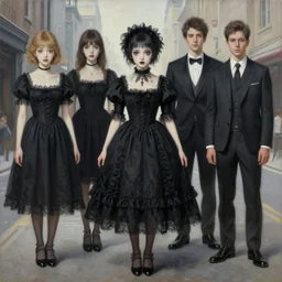 pop surrealism, lowbrow art, realistic cute gothic black dress fashion painting, japanese street fashion, hyper realism, muted colours, rococo, natalie shau, loreta lux, tom bagshaw, mark ryden, trevor brown style,