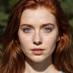 close up portrait photograph of a anesthetic beautiful!!! thin young redhead woman with russian descent, sunbathed skin, symmetric face!!! with deep blue  ((Symmetric round eyes!!! )) . Wavy long maroon colored hair. she looks directly at the camera. Slightly open mouth, face takes up half of the photo. a park visible in the background. 55mm nikon. Intricate.