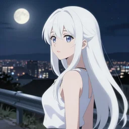 anime visual, portrait of an elegant woman sightseeing above the city at night, white long hair, guardrail, moon, beautiful face by yoh yoshinari, katsura masakazu, dynamic pose, dynamic perspective, strong silhouette, ilya kuvshinov, mucha, anime cels, 1 8 mm lens, rounded eyes, intricate face