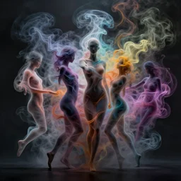 thick colorful smoke human figures morphing into each other, by rhads and paul lehr, xf iq 4, f / 1. 4, iso 2 0 0, 1 / 1 6 0 s, 8 k, raw, featured in artstation, octane render, cinematic, elegant, intricate, 8 k