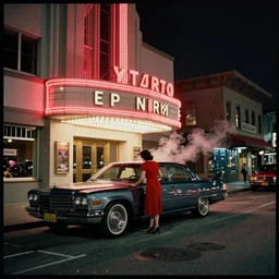 street view in america of market district at night. woman in red dress entering a cadillac parked outside an art deco cinema, from 1 9 7 6, california. scorsese, wes anderson, kodachrome, fred herzog. small steam from vents lit by neon signs. epic view. detailed sharp photograph shot on hasselblad medium format cinestill film