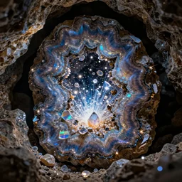 opal geode exploding with crystals in a rocky cave close up sparkling iridescent fractals debris