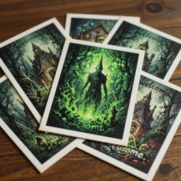 pile of retro postcard on the wooden table, postcards showing innsmouth town, text'welcome ', green light dust, magnificent, close up, sharp focus, evil fluid, negative energy, horror, creepy, serious, giger style, highly detailed, illustration, by jordan grimmer greg rutkowski wlop maya takamura, intricate, trending artstation, pixiv, digital art