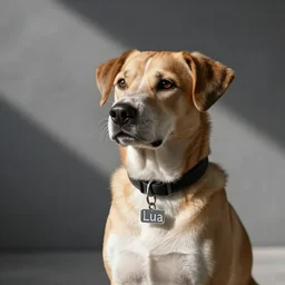 a dog with a collar with the name “Lua” on it, photorealistic