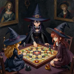nendoroid witches playing board games by beksinski, dark canvas, in the style of edward hopper rodcenko yue minjun caravaggio, intricate details, hard shadows, artstation