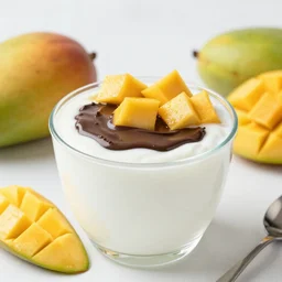 Yogurt can with mango and chocolate flavor, studio photography,