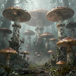 a distant dense forest of giant bismuth mutated mushrooms, intricate, highly detailed, organic, volumetric fog, concept art, masterpiece
