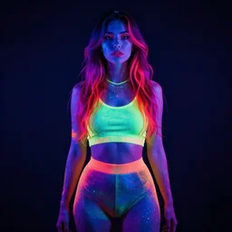a neon psychedelic woman in rainbow clothing, 4k, digital blacklight painting, symmetrical, cinematic lighting, Jason Felix Steve Argyle, trending on artstation