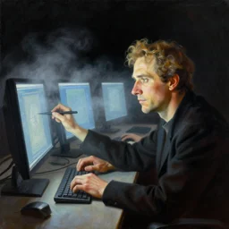 a portrait painting of an artist painting computers. foggy atmosphere, black background. highly detailed science - fiction painting by norman rockwell, moebius, frank frazetta, and syd mead. rich colors, high contrast. artstation