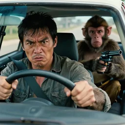 a man with a crazy look at the wheel of a car, monkey holding a revolver in the back seat, a frightened man next to the driver, hd, ultra realistic, detailed, cinematic