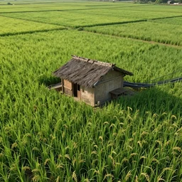 an intricate concept art illustration of an undergrowth asian rice field with hut in the middle, natural lighting, daytime, computer wires, digital art, photorealistic movie still, style feng zhu and artgerm, hyper realistic, photorealistic, octane render, trending on artstation, cgsociety, cinematic light, 8 k