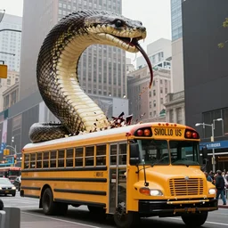 yellow school bus eaten swallowed by giant snake, anaconda, huge snake, big snake, time square, cinematic, dramatic, film still