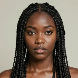 Photo of an African woman,box braids, bold, self-confidence, cinematic, light makeup focus