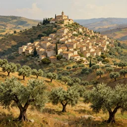 beautiful amazing mind-bending stunning inspiring painting of a traditional hilly rural town landscape with many olive trees!, fantasy, painted in photoshop, digital art, hyperrealistic, sharpened, highly detailed, cinematic, wide angle, warm lighting, trending on artstation