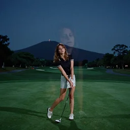 jodorowsky film still, artistic double exposure of a beautiful psychedelic nocturnal hill and golf course, grainy film cinematic tiny regular hexagonal grain filter H 576