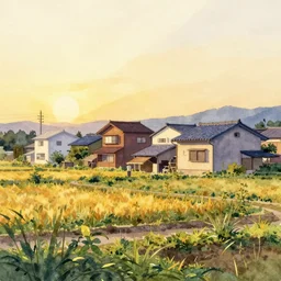water color painting of a rural area with houses in tokyo architecture, golden hour time, low depth field effect, high - resolution, trending on artstation
