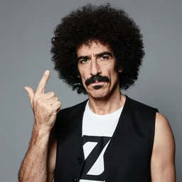 Frank Zappa with an afro, flipping the bird