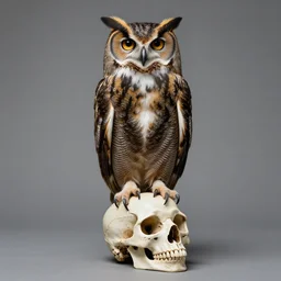 photorealistic fully body portrait of a great horned owl perched on a skull!!!