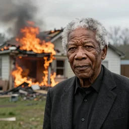 a photo of a house burning down in the background and morgan freeman with an eerie expression in the foreground, strong depth of field