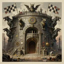 [Brutalist bunker adorned with gargoyles and checkered flags. Propaganda poster!, intricate, elegant, highly detailed, digital painting, artstation, concept art, matte, sharp focus, illustration, art by Enki Bilal]