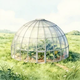 a watercolor painting of a spherical greenhouse in a grass field, an illustration by Buckminster Fuller, behance, ecological art, concept art, matte drawing, photoillustration, diagram, scientific illustration, botany